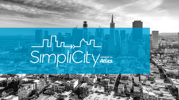 A SimpliCity logo over a city skyline backdrop